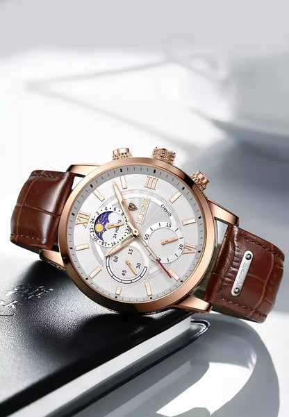 Men’s Elegant Leather Chronograph Watch | Quartz Moonphase