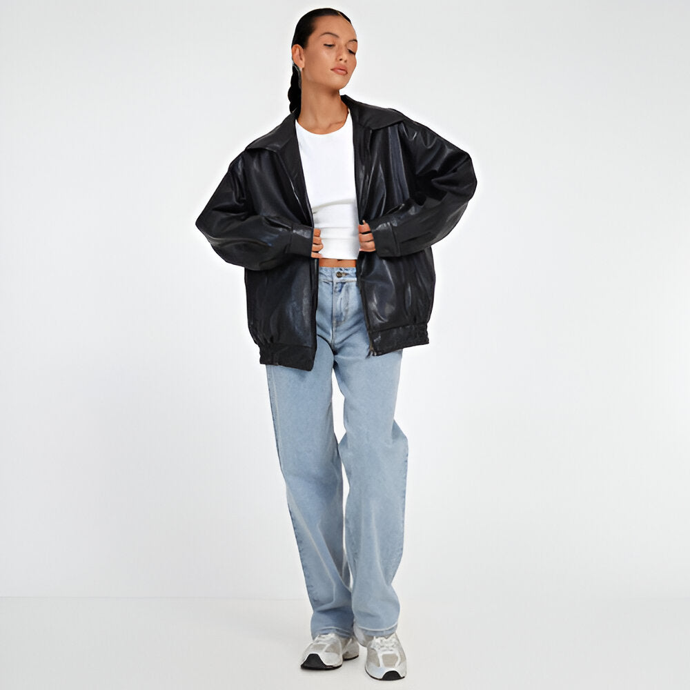 Women Oversized Faux Leather Jacket | Loose Fit Bomber Zip Up