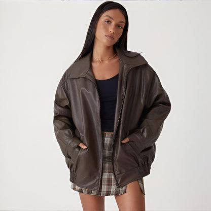 Women Oversized Faux Leather Jacket | Loose Fit Bomber Zip Up