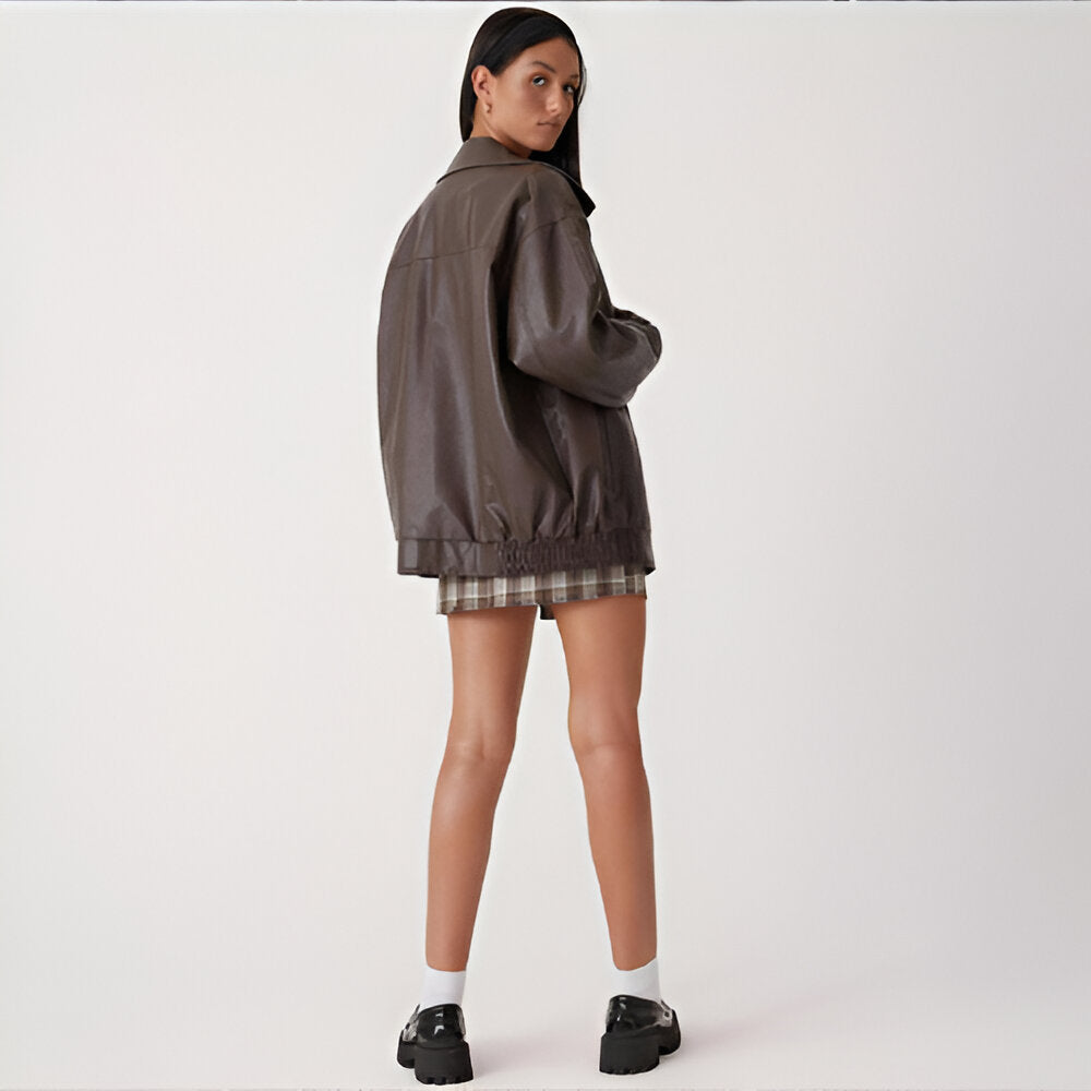 Women Oversized Faux Leather Jacket | Loose Fit Bomber Zip Up