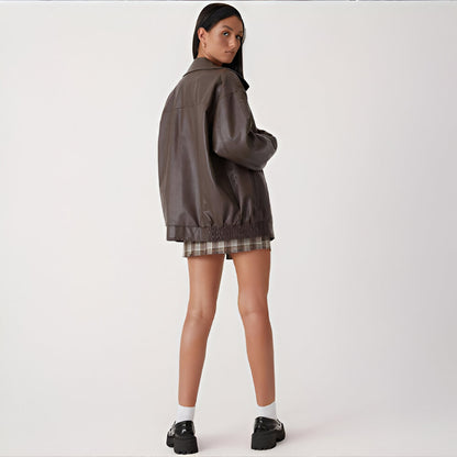 Women Oversized Faux Leather Jacket | Loose Fit Bomber Zip Up