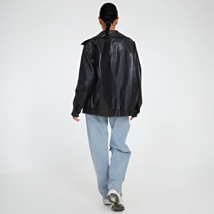 Women Oversized Faux Leather Jacket | Loose Fit Bomber Zip Up