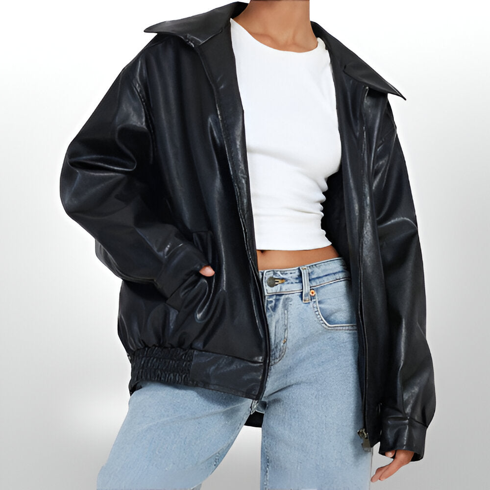 Women Oversized Faux Leather Jacket | Loose Fit Bomber Zip Up