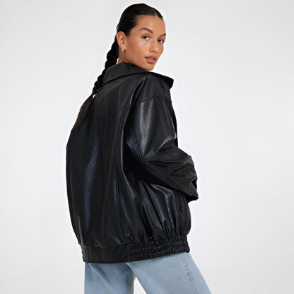 Women Oversized Faux Leather Jacket | Loose Fit Bomber Zip Up