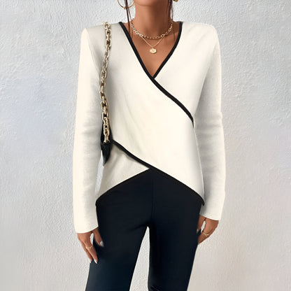 Women Elegant V-Neck Blouse | Long Sleeve Asymmetric Wrap Top