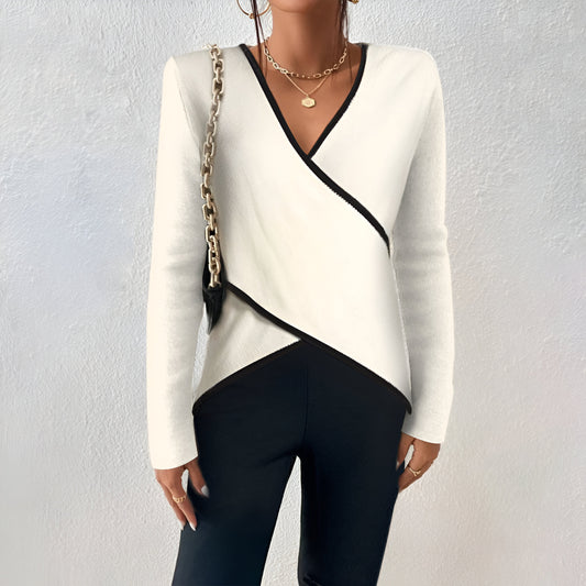 Women Elegant V-Neck Blouse | Long Sleeve Asymmetric Wrap Top
