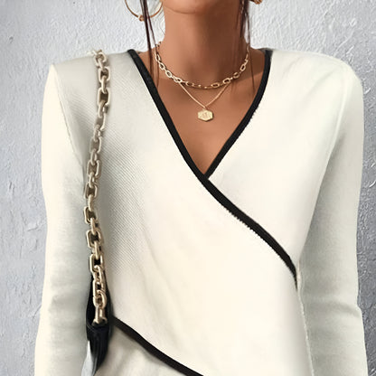Women Elegant V-Neck Blouse | Long Sleeve Asymmetric Wrap Top