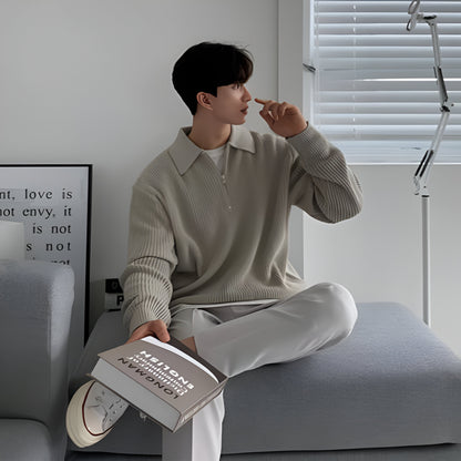 Men’s Ribbed Zip Up Sweater | Long Sleeve Collared Knitwear