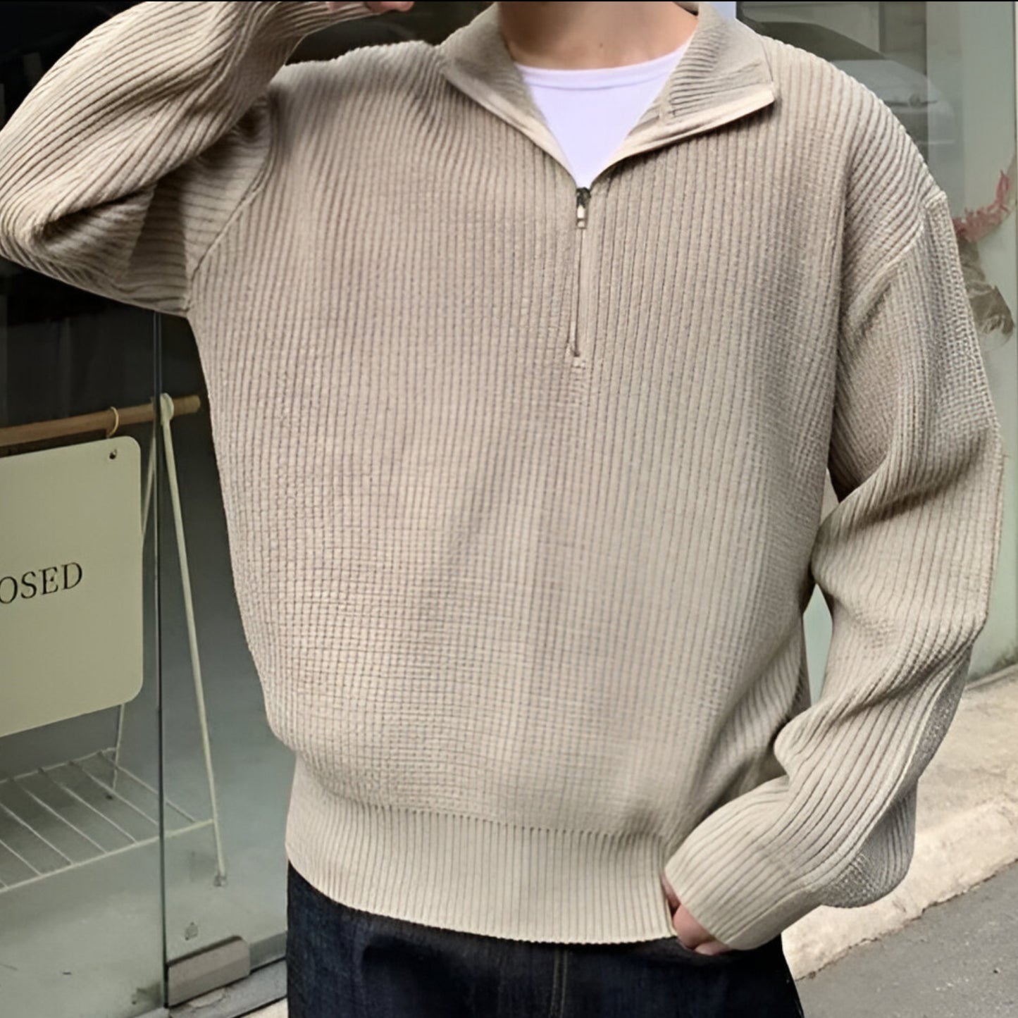 Men’s Classic Half Zip Jumper | Warm Ribbed Long Sleeve Knitwear