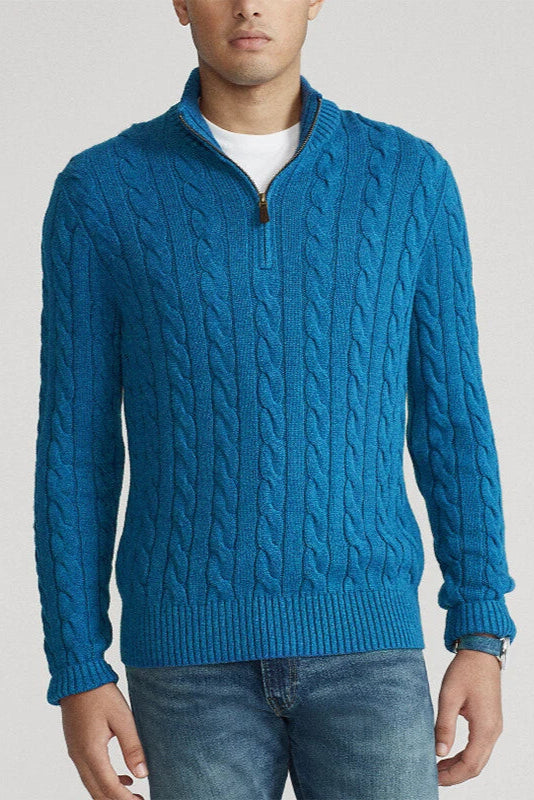Men’s Cable Knit Polo Zip Sweater | Long Sleeve Smart Casual Jumper