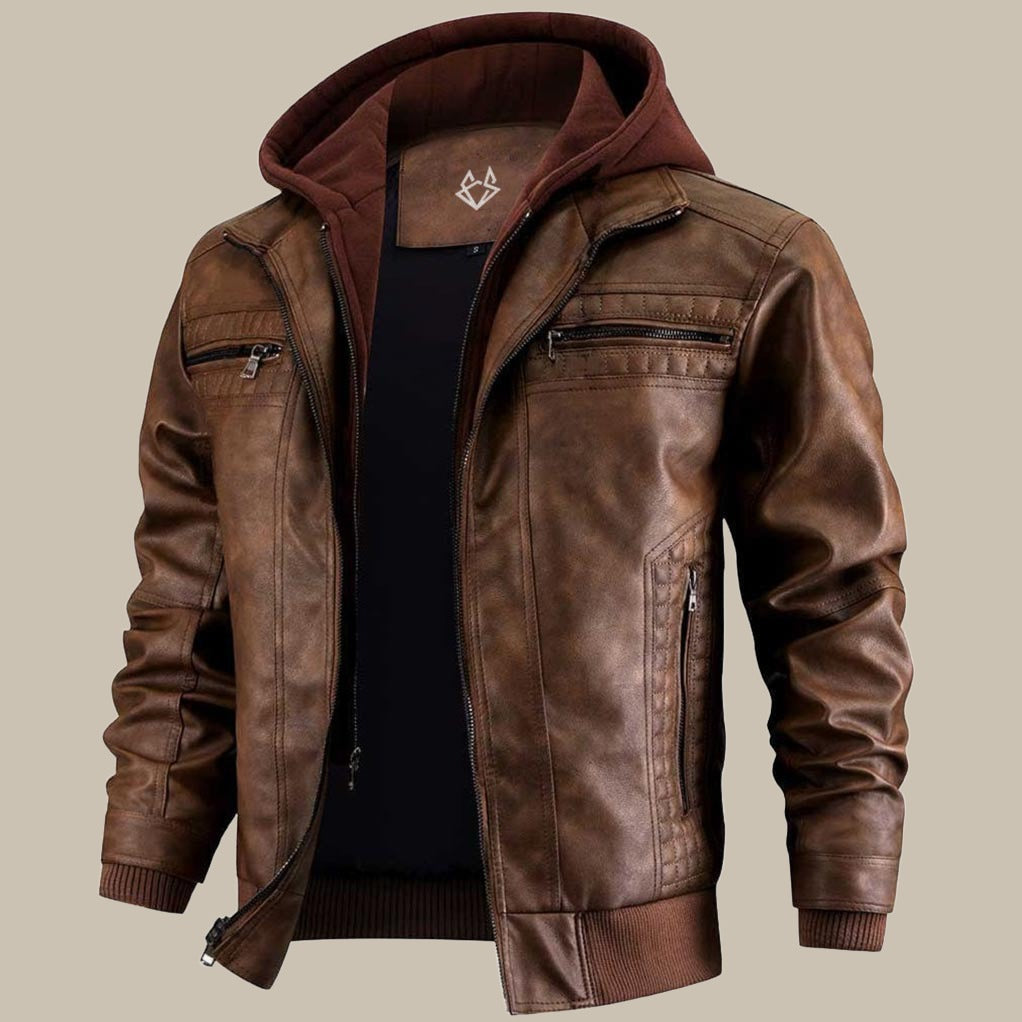 Men’s Faux Leather Hooded Biker Jacket | Zip Closure Stylish