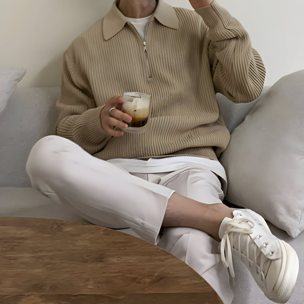 Men’s Ribbed Zip Up Sweater | Long Sleeve Collared Knitwear