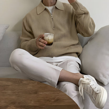 Men’s Ribbed Zip Up Sweater | Long Sleeve Collared Knitwear